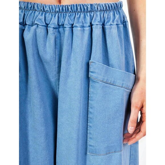 Women's Baggy Wide Leg Denim Pants Cotton Elastic Waist Casual Loose Fit - Picture 3 of 5